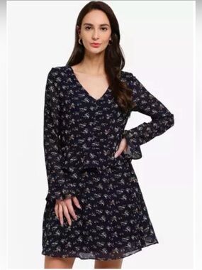 Brave Soul Navy Floral V-Neck Long Sleeve Dress